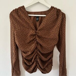 Express Chocolate Brown Ruched Polka Dot Blouse